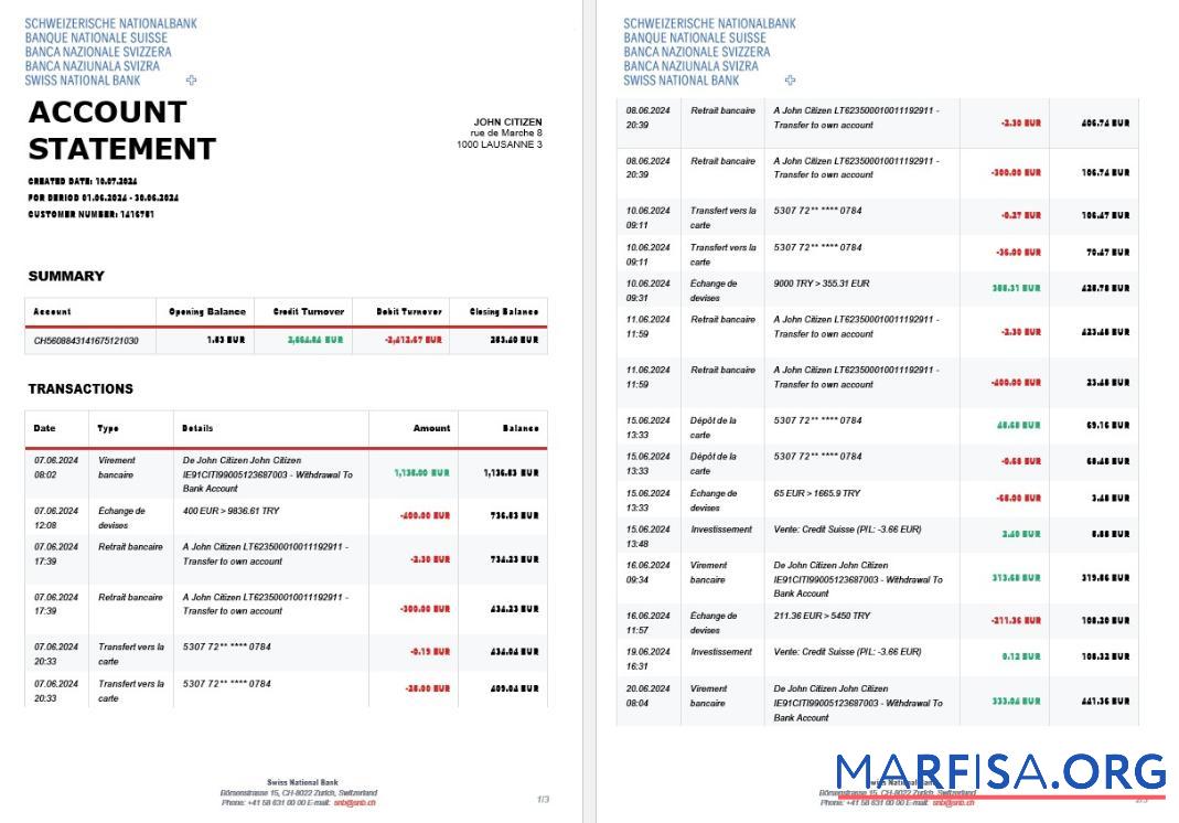 Blank Switzerland Swiss National Bank SNB account statement word 3 pages template